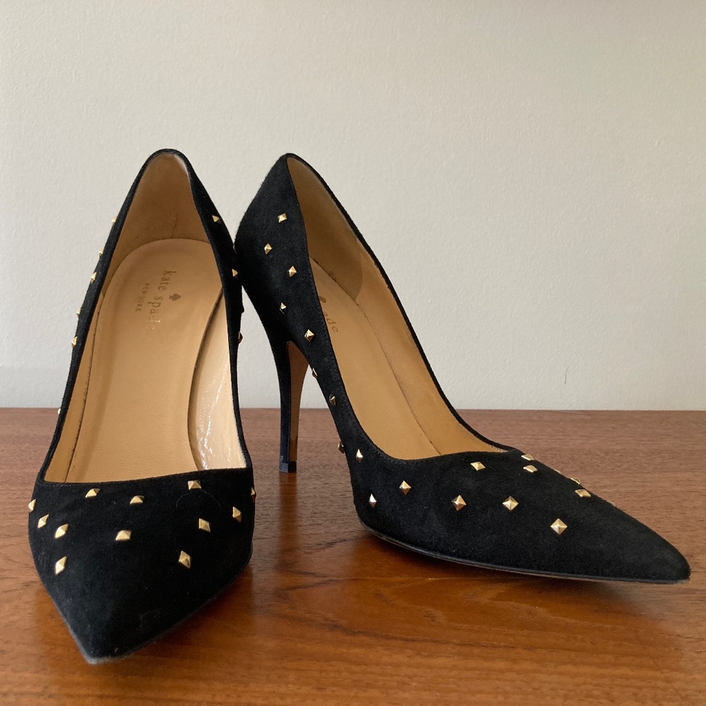 Kate Spade black suede gold studded pumps